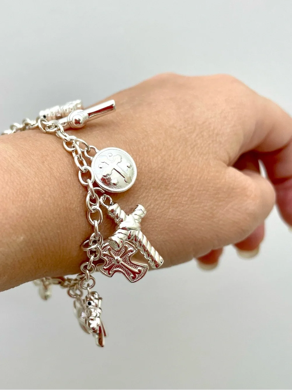 VTG Jacmel Mauritius Sterling Silver Christian Cross Charm Bracelet 925 6.5” GCM